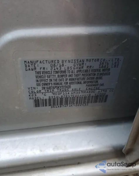 2019 Nissan Sentra S z USA, uszkodzony, nr VIN 3N1AB7AP5KY222435